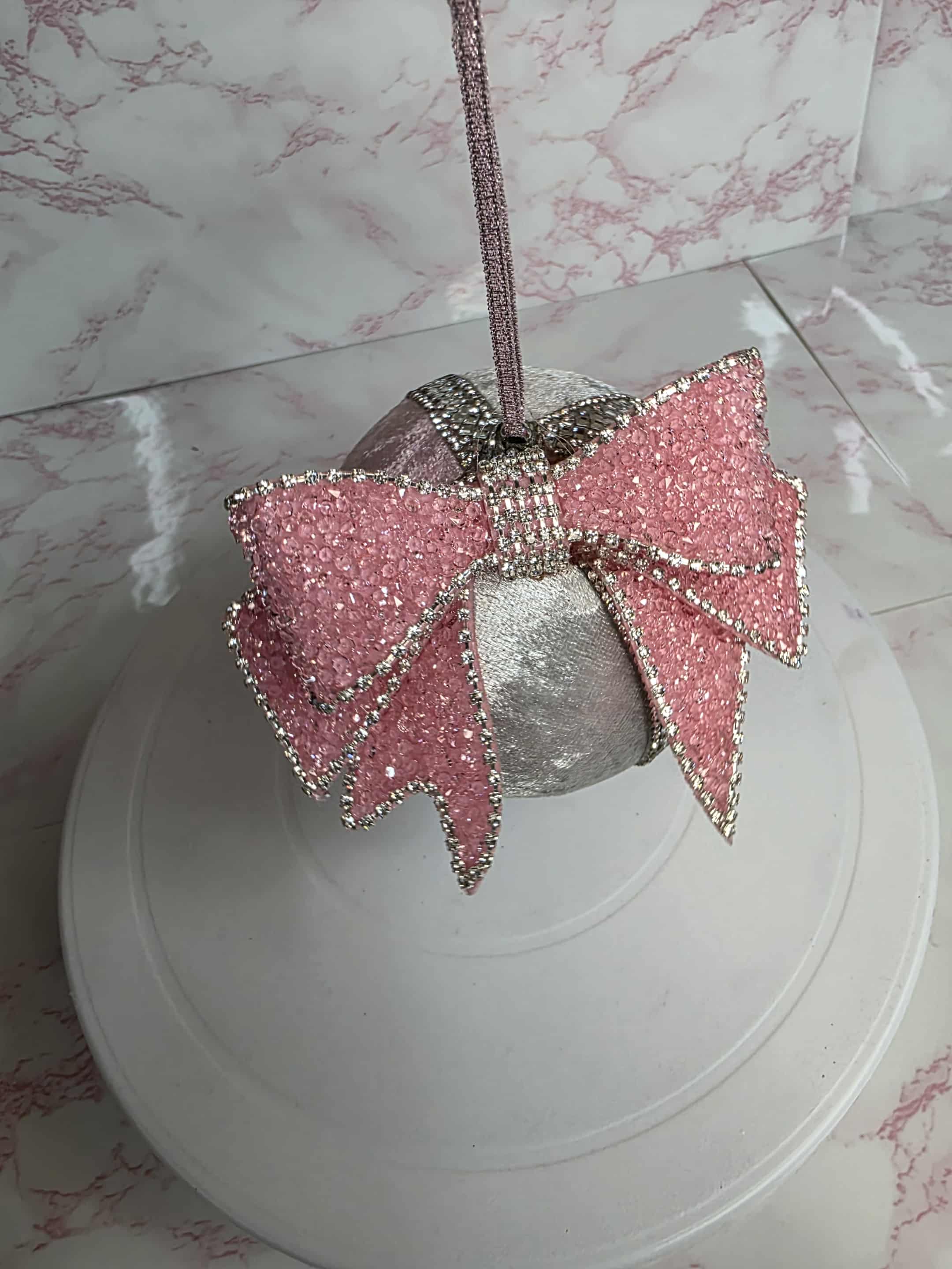 Silver/Pink Bow Velvet Bauble